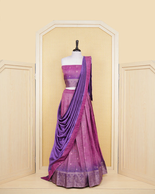 Pink & Purple colour Linen Silk Semi stitched dhavani set featuring buttas, zari bordered skirt & blouse piece and dupatta.