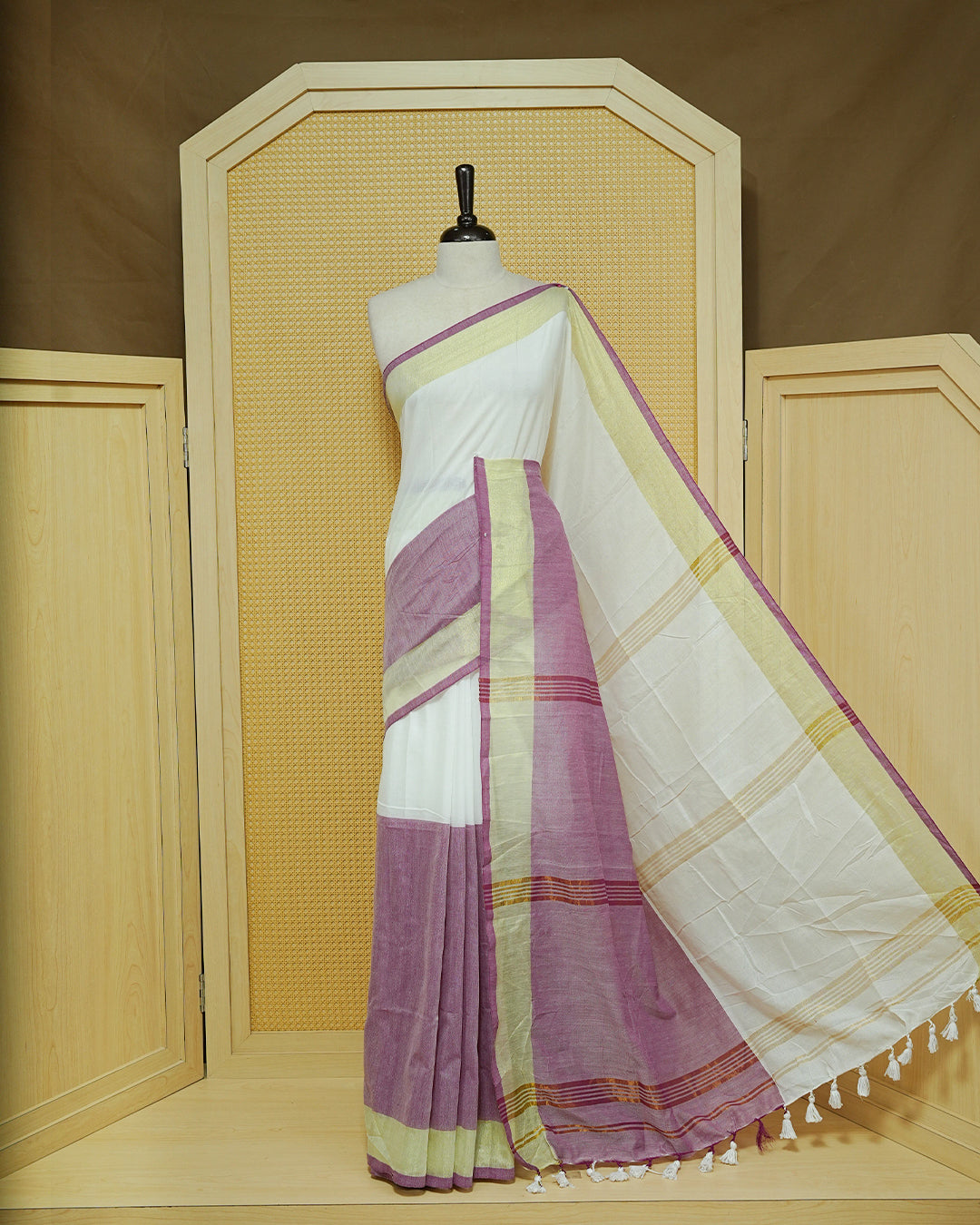 Purple & Light Green Colour Half & Half Mul cotton saree Complemented by contrast Green colour Border & tassels.