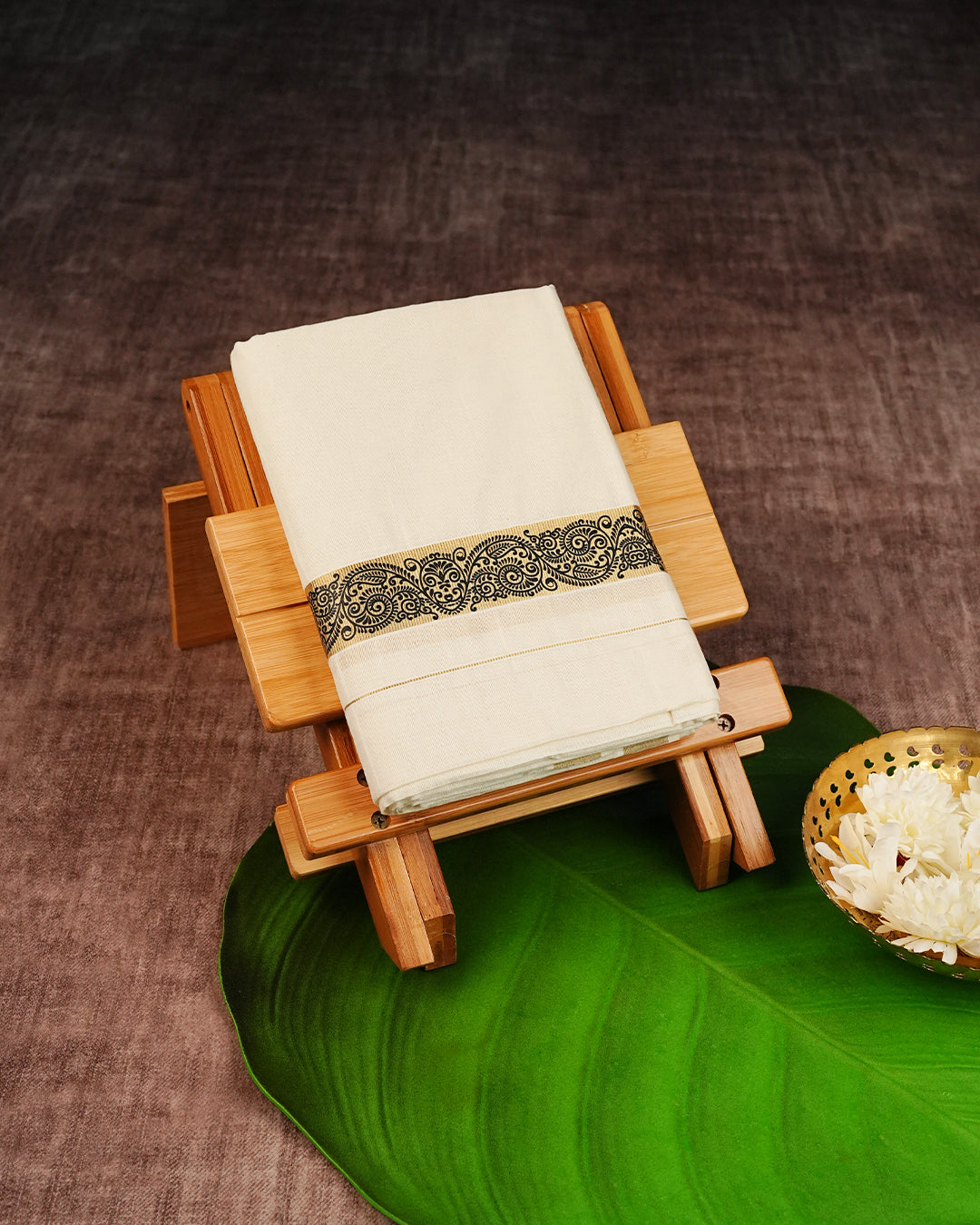 Cream-Coloured Cotton Double Dhoti with Black Ornamental Print and Gold Kara