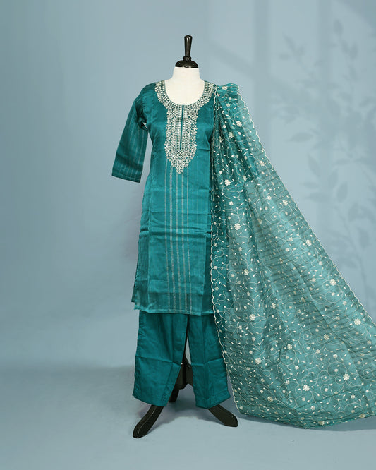 Peacock Green colour salwar set with Sequins & thread work on top, paired with matching bottom & Dupatta.