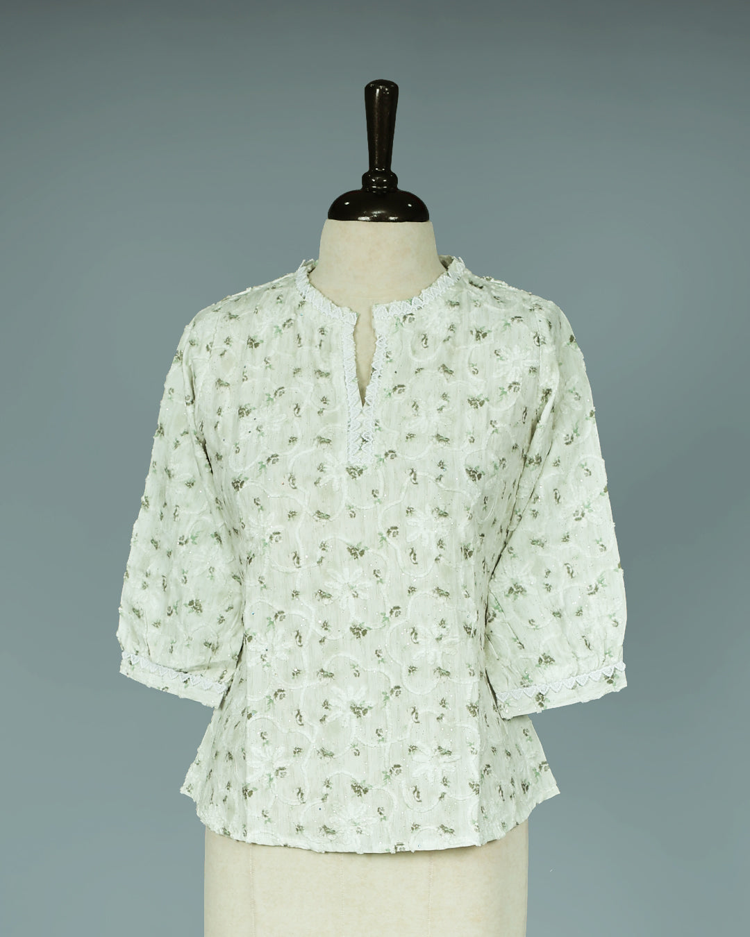 Light Green colour Thread work on body, Round with Slit neck design, With sleeve.