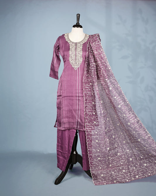 Purple colour salwar set with Sequins & thread work on top, paired with matching bottom & Dupatta.
