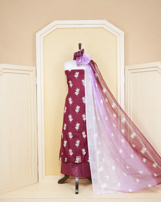 Maroon and lavender colour net kota salwar material Featuring  Floral thread  motifs on body, paired with matching bottom & Elegant Dupatta