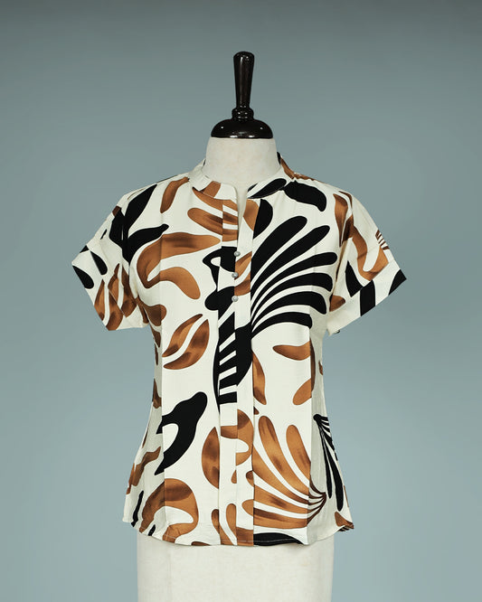Off White colour Black & Brown Print work on body, Round collar Neck design, With sleeve.