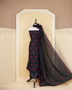 Black Colour Georgette Salwar Material Featuring Red Heart Shape Thread Work on body, Paired With Matching Bottom & Elegant Dupatta