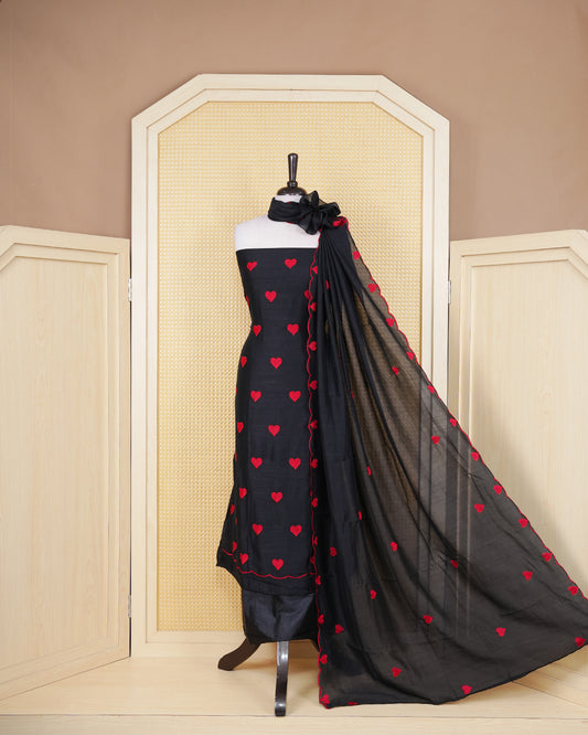 Black Colour Georgette Salwar Material Featuring Red Heart Shape Thread Work on body, Paired With Matching Bottom & Elegant Dupatta