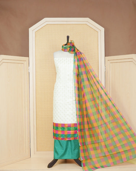 White & Teal Green Chanderi salwar material featuring Gold zari Small motifs on body and Check pattern body, paired with matching colour santoon bottom, elegant dupatta.