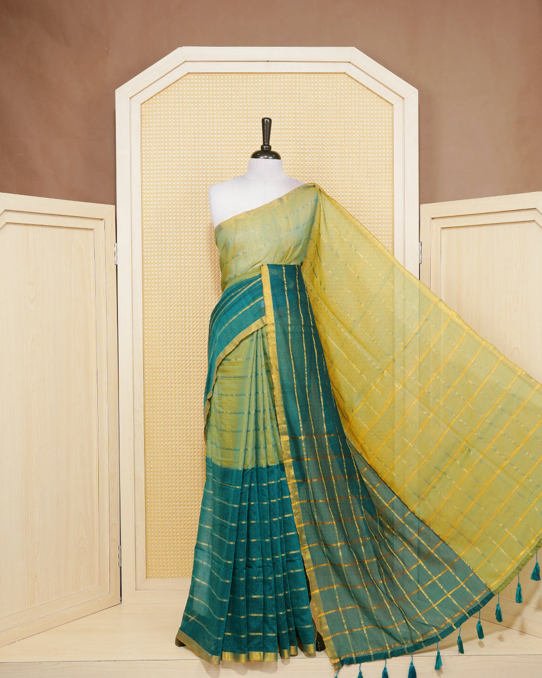 Deep teal & gold colour mul cotton saree
