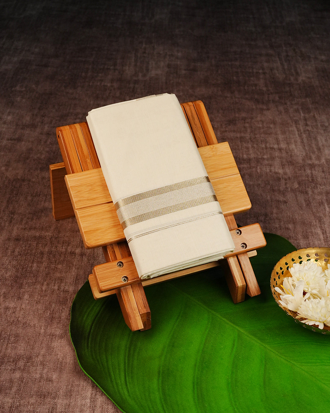 Cream Coloured Cotton Double Dhoti Finished with Gold Kara