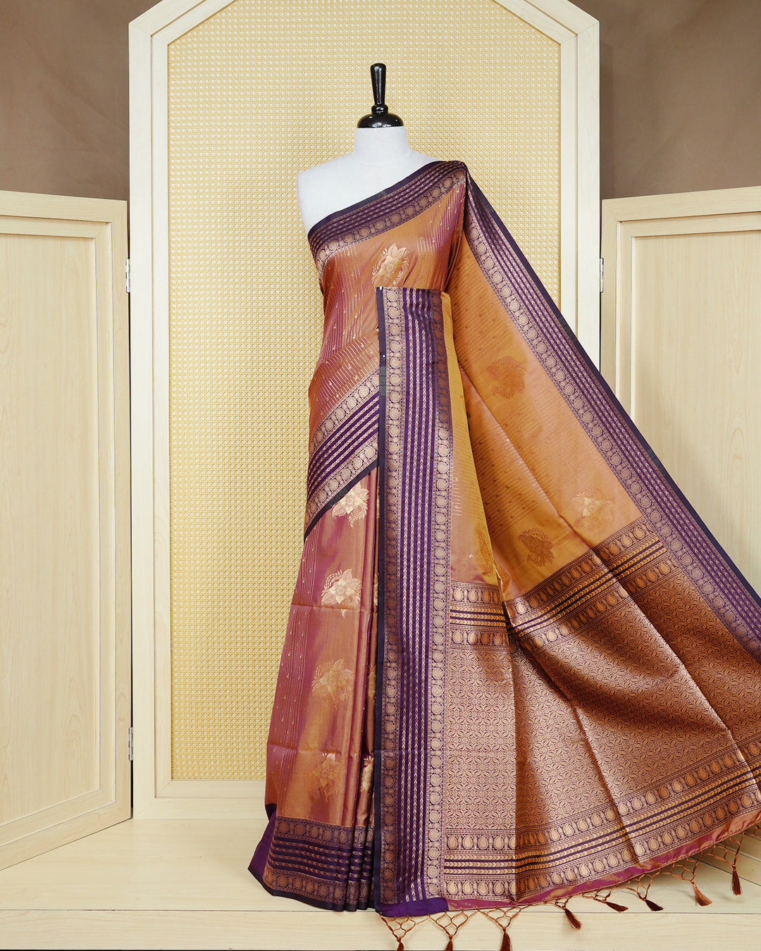 Sandal & gold double shade Mulberry silk saree featuring gold floral zari patterns on body , paired with contrast deep purple colour with traditional border, comes with matching blouse piece.
