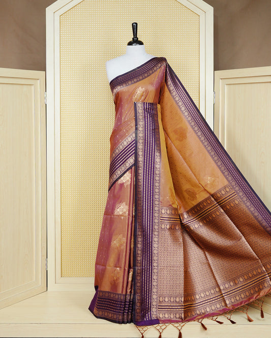 Sandal & gold double shade Mulberry silk saree featuring gold floral zari patterns on body , paired with contrast deep purple colour with traditional border, comes with matching blouse piece.