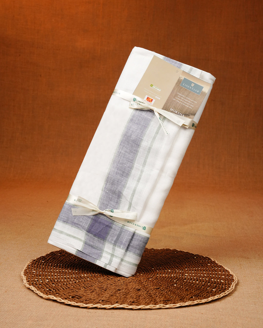 White colour Pure Linen Double dhoti With Light purple border.
