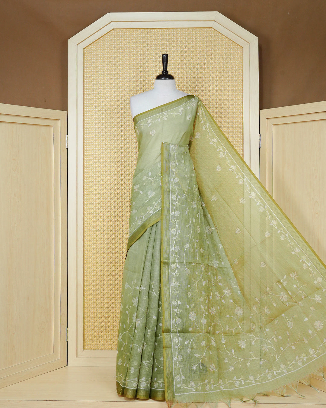 Pastel green colour linen tissue BKU inspired saree