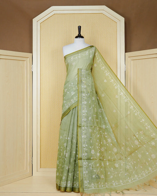 Pastel green colour linen tissue BKU inspired saree