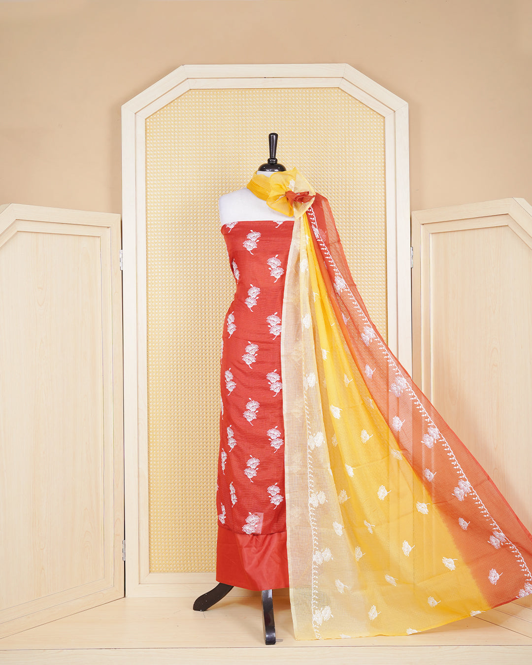 Burnt Orange & yellow Colour Net Kota Material Featuring Floral Thread Pattern on Body, Paired with Matching Bottom & Elegant Dupatta