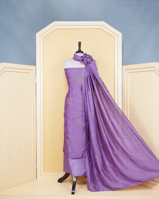 Purple Georgette Salwar Material Features an Elagent Floral Emproidary Pattern Aborned With Shimmering Metallic Gold Thread and Beadwork, paired with matching bottom & elegant Duptta
