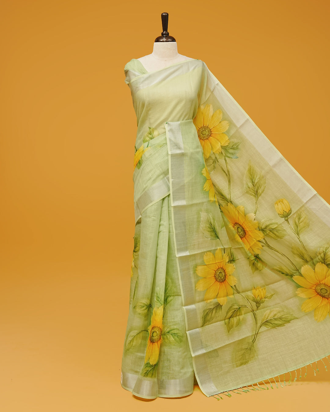Piata Green Colour Semi Linen Saree featuring Sunflower prints, paired with matching blouse piece.