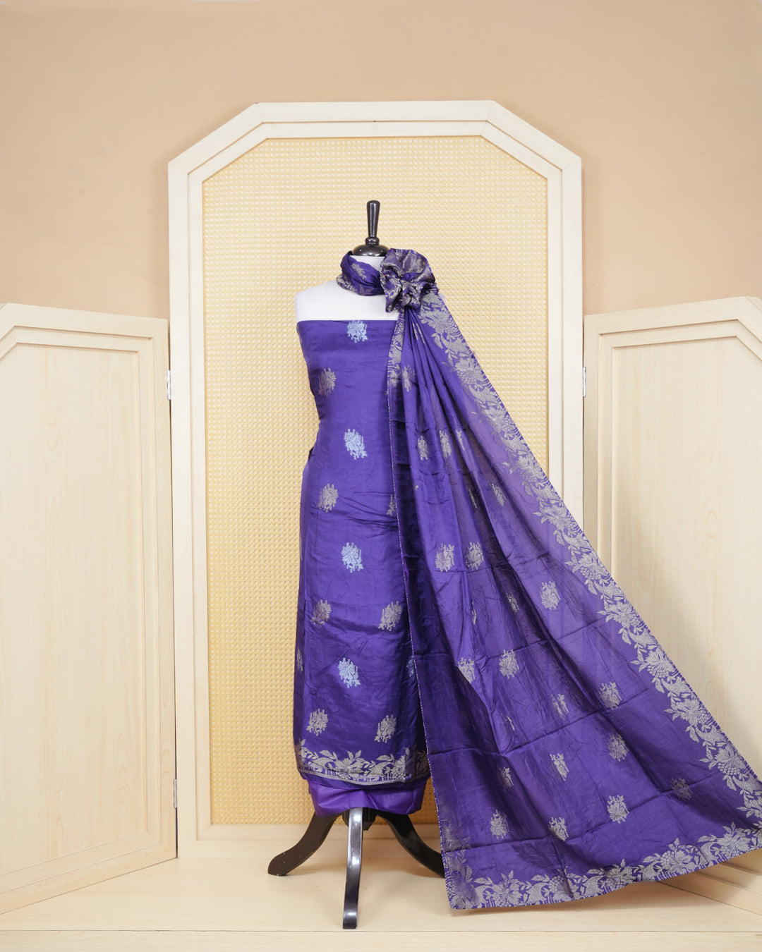 Voilet colour Banares Salwar material Featuring Gold and Silver zari floral motifs on body, paired with matching bottom & Elegant Dupatta