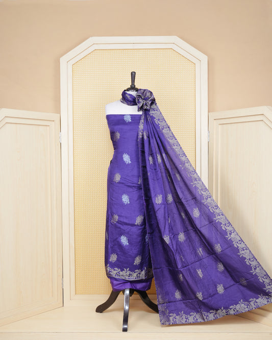 Voilet colour Banares Salwar material Featuring Gold and Silver zari floral motifs on body, paired with matching bottom & Elegant Dupatta
