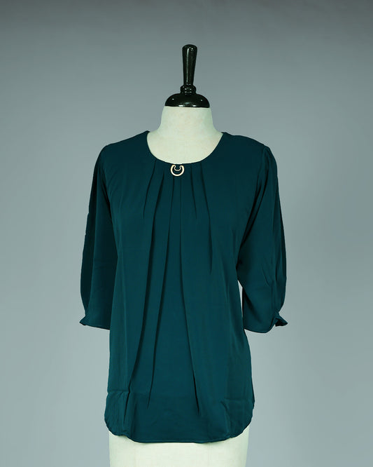 Teal colour Top with Plain with Pleats on body, Round neck design, With sleeve.
