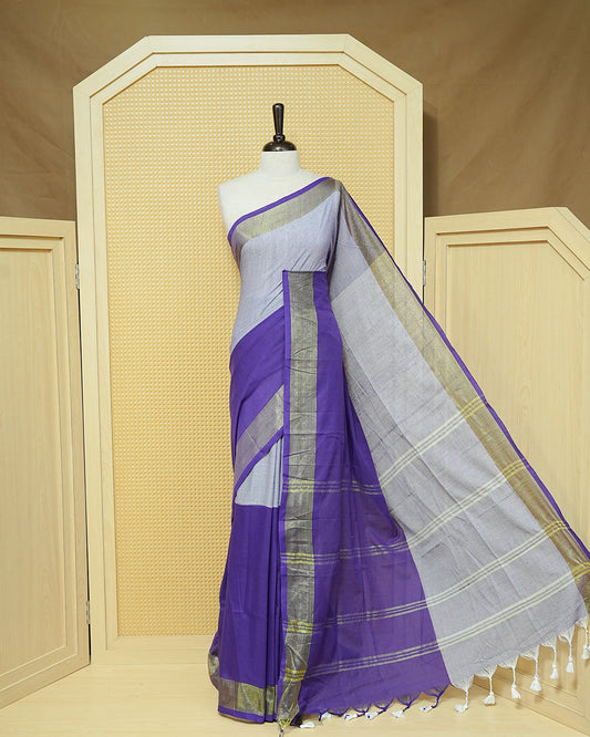 Violet & Light Violet Colour Half & Half Mul cotton saree Complemented by contrast colour Zari Border & tassels.