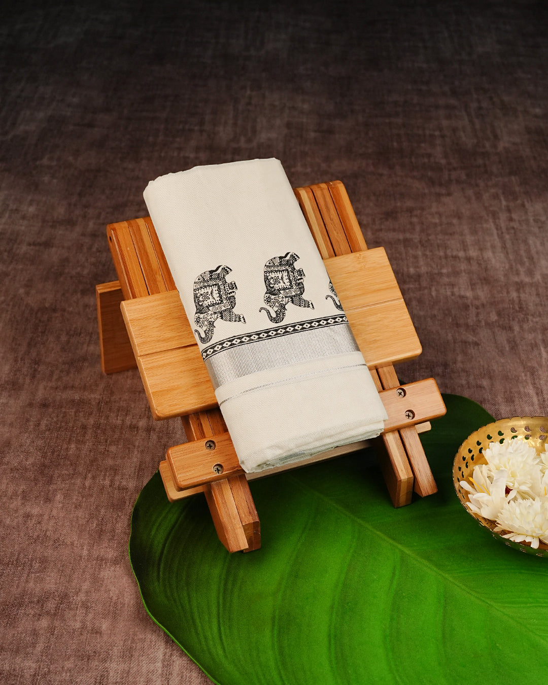 Cream Coloured Cotton Double Dhoti Finished with Black Colour Elephant Printed Silver Kara