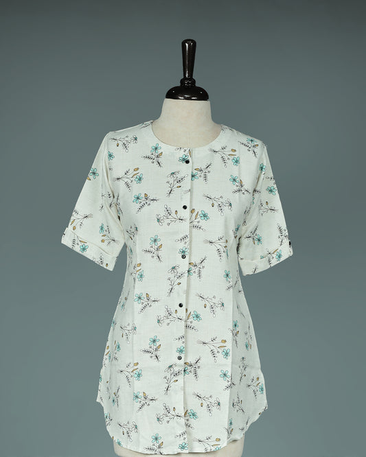 Off White colour Floral Print work on body, Round with Shirt design, With sleeve.