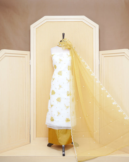 White Colour Organza Salwar Material Featuring Yellow Work with sequins on body, Paired With Matching Bottom & Elegant Dupatta