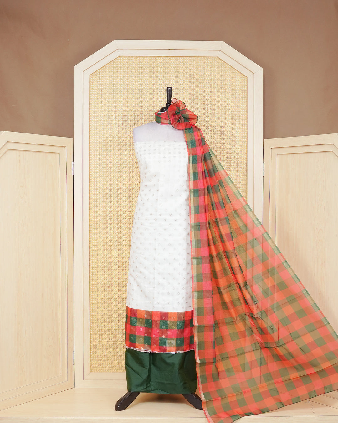 White & Dark Green Chanderi salwar material featuring Gold zari Small motifs on body and Check pattern body, paired with matching colour santoon bottom, elegant dupatta.