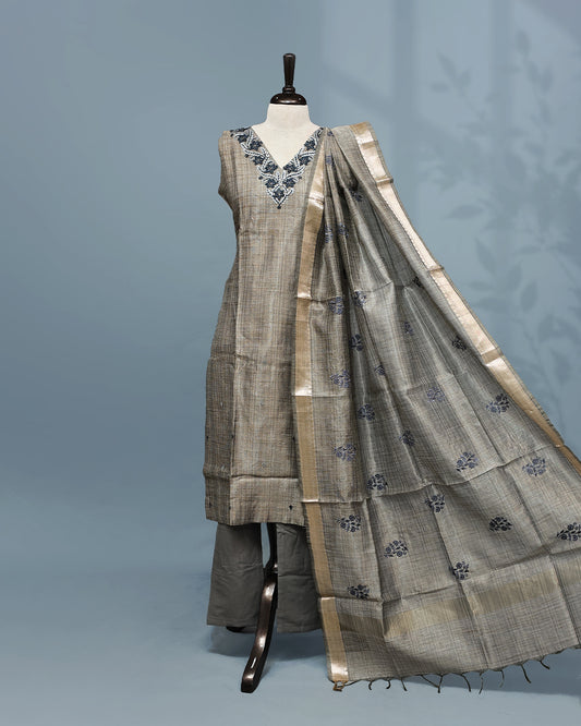 Golden grey colour Salwar set comes top with thread work on body, paired with matching bottom and dupatta.