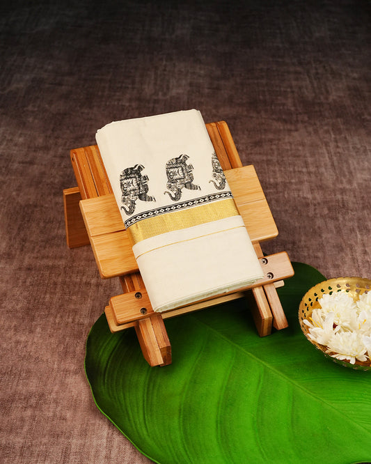 Cream Coloured Cotton Double Dhoti Finished with Black Colour Elephant Printed Gold Kara