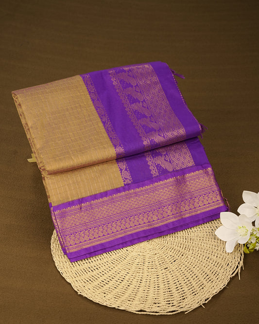 Dark Mustard colour kalyani cotton saree featuring Copper zari check pattern on body, complemented by Violet colour with Antique zari border, paired with matching blouse piece