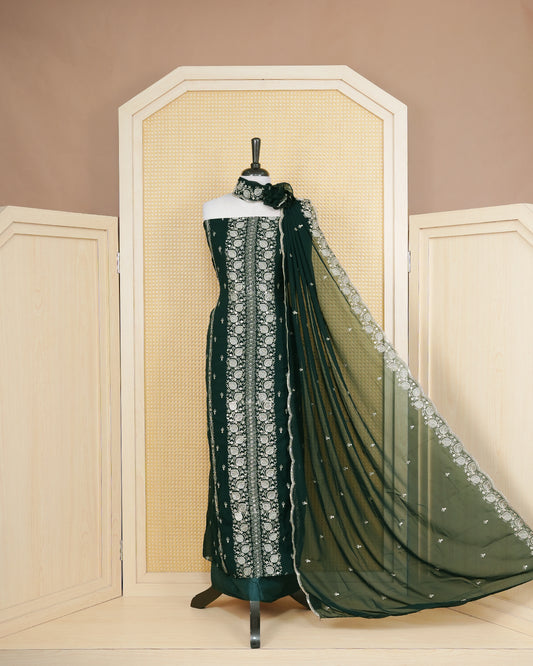 Dark Green colour Georgette Salwar Material Featuring Gold Thread Work on body, paired with matching Bottom & Elegant Dupatta.