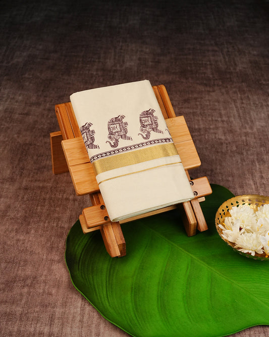 Cream Coloured Cotton Double Dhoti Finished with Brown Colour Elephant Printed &  Gold Kara