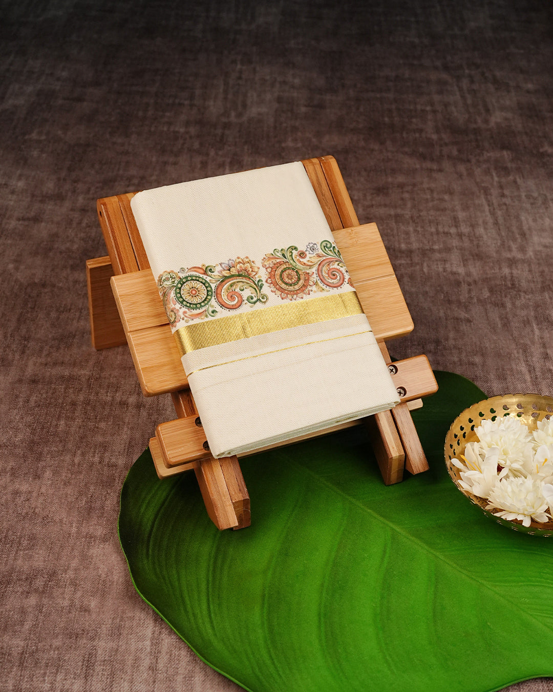 Cream Coloured Cotton Double Dhoti Finished with Floral Prints & Gold Kara