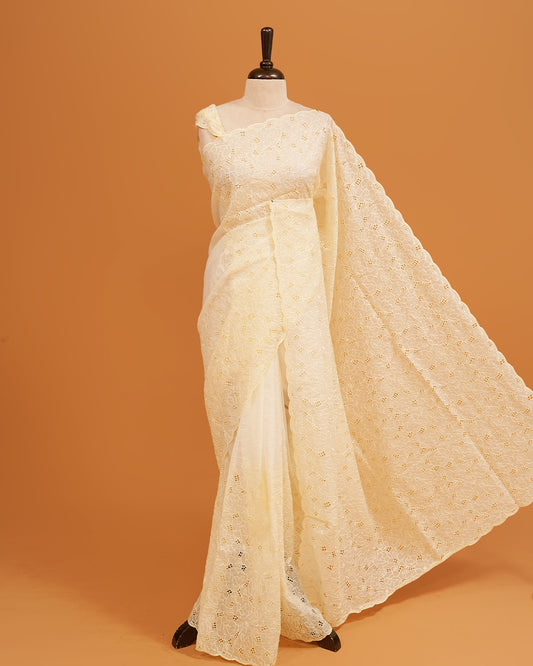 Cream colour Crush organza saree with Thread work.