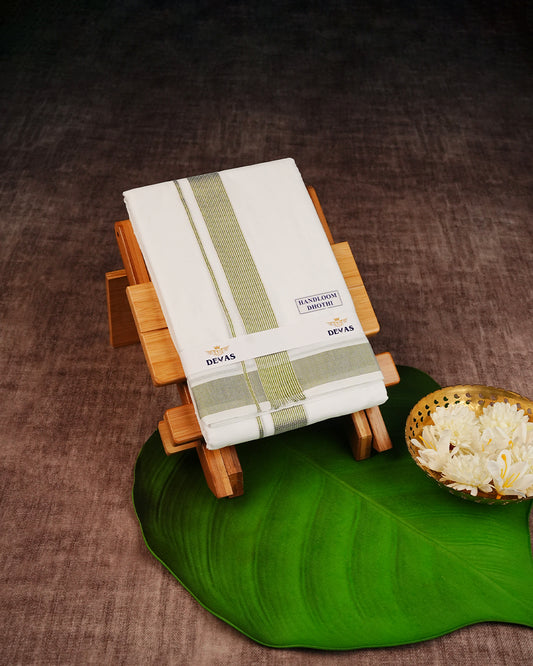 Off White Colour  Handloom Cotton Double Dhoti Finished With A Green & Silver Striped kara.