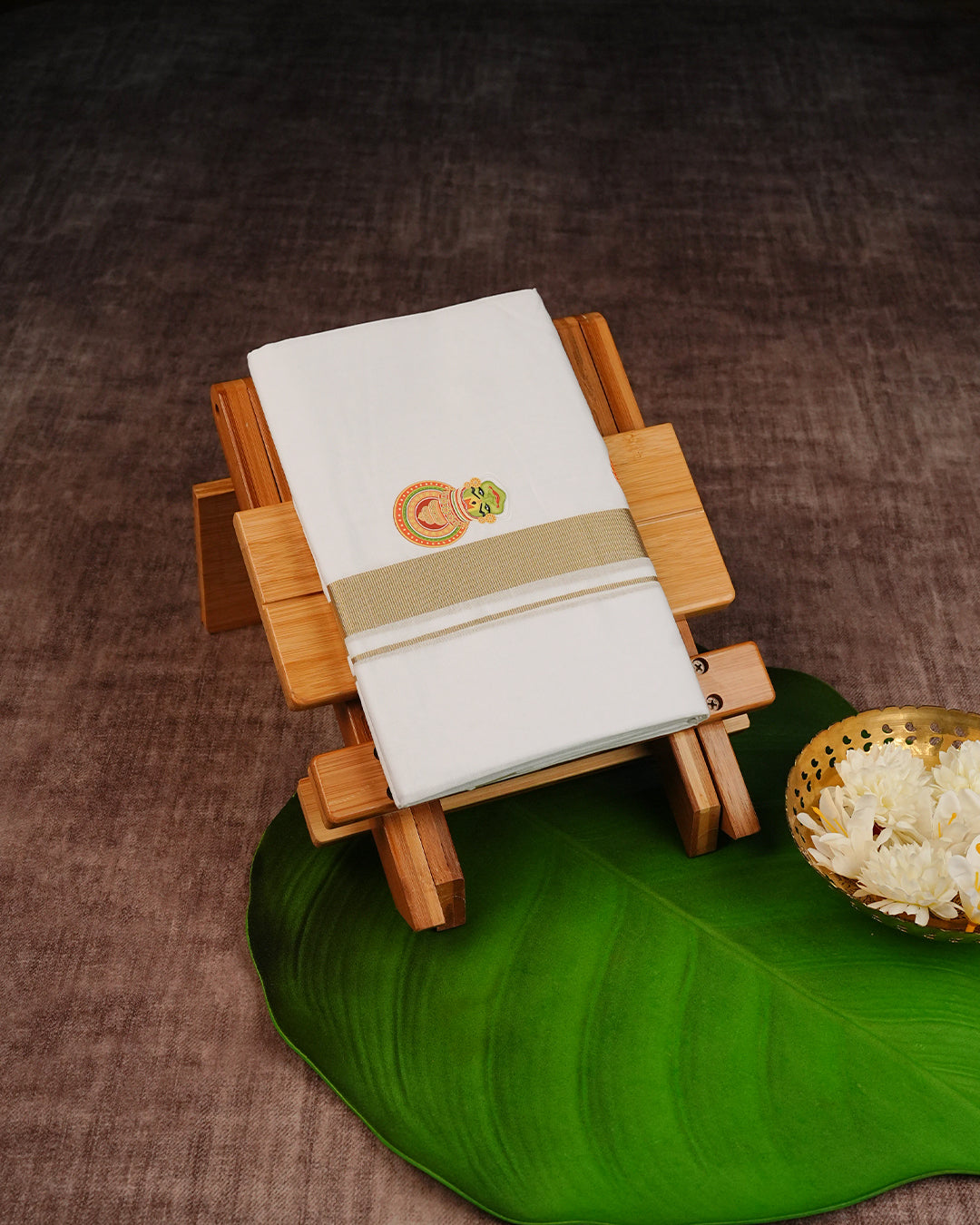 Off White Coloured Cotton Double Dhoti Finished with Traditional Art Form Prints & Gold Kara