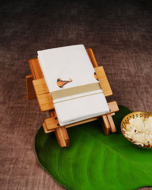 Cream-Coloured Cotton Double Dhoti Finished with Nettipattam Prints & Gold Kara