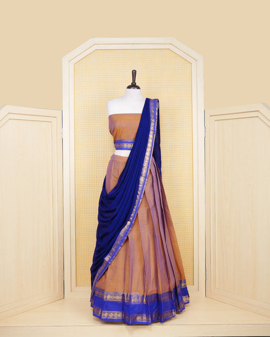 Sandalwood colour Chettinad Semi Stitched dhavani set Featuring Blue with Gold zari on skirt, matching Blouse & contrast dupatta.