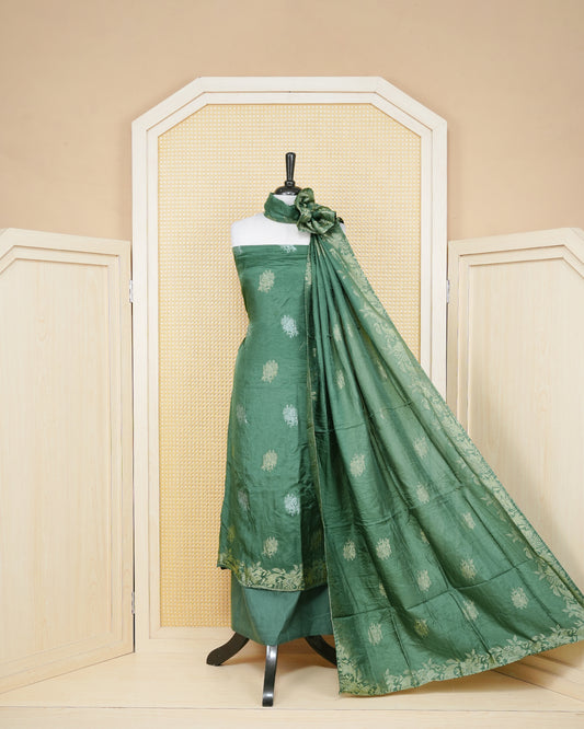 Olive Green colour Banaras salwar material Featuring Gold & silver Zari Floral motifs on body, paired with matching bottom & Elegant Dupatta