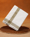 White colour Pure Cotton Double dhoti featuring Grey with Olive colour border.