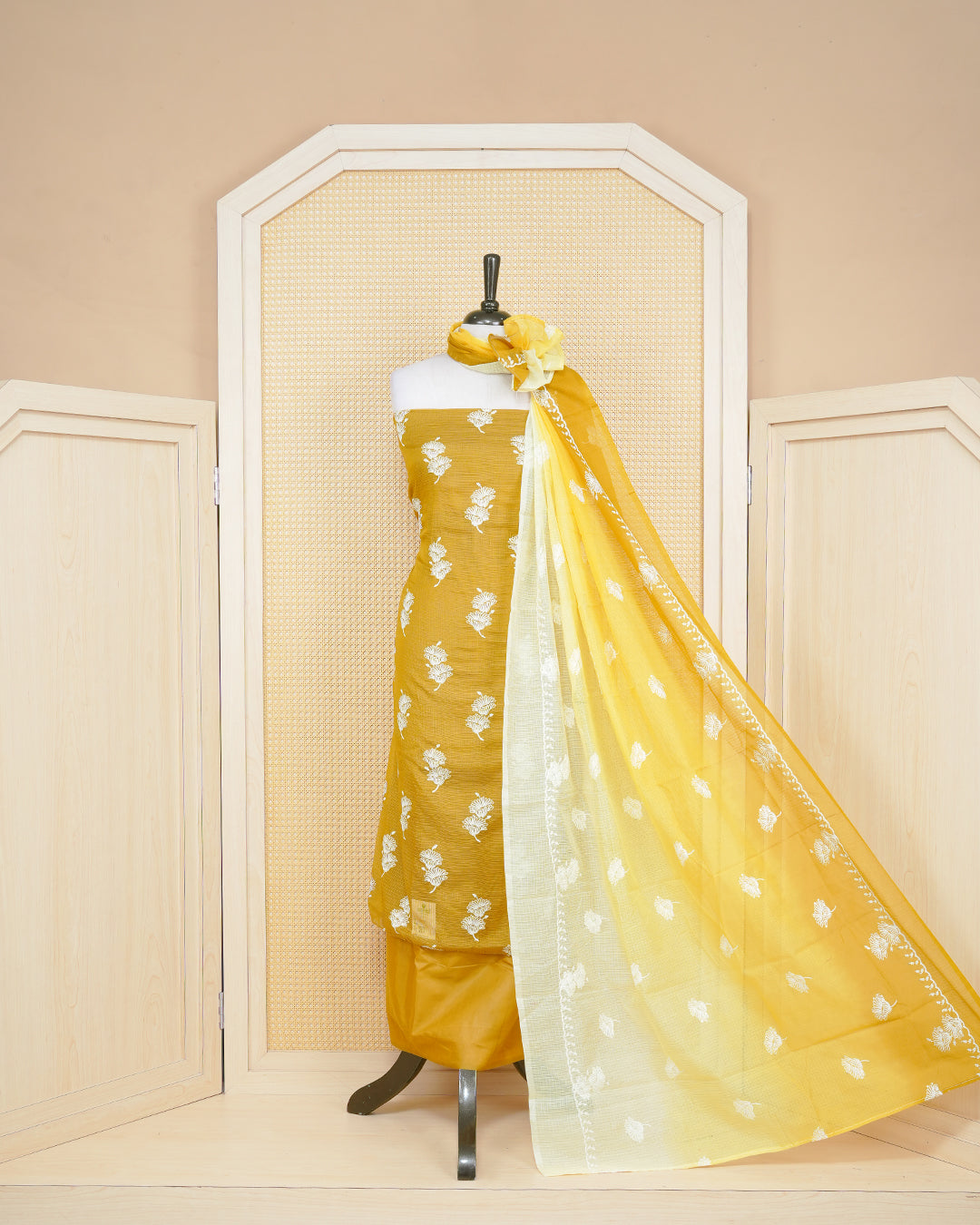 Goldenrod Colour Net Kotta Salwar material Featuring White Thread Work On Body, Paired With Matching Bottom & Elegant Dupatta