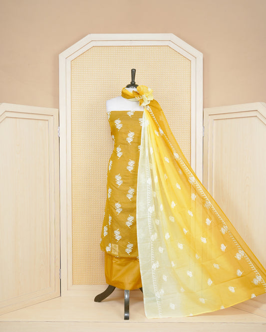 Goldenrod Colour Net Kotta Salwar material Featuring White Thread Work On Body, Paired With Matching Bottom & Elegant Dupatta