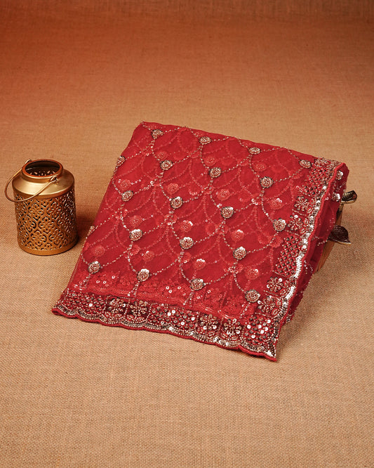 Red colour Net Designer saree featuring Beats & Sequins geometric Pattern on body & worked border, comes with matching blouse piece.