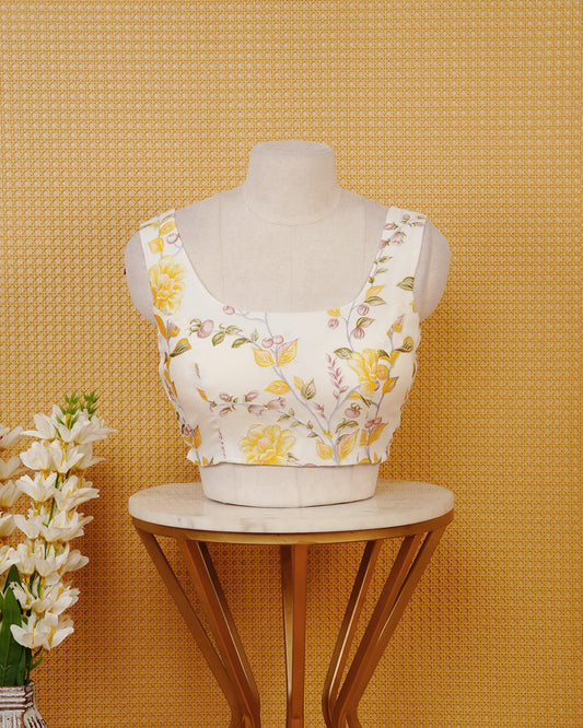 White Floral Print Sleeveless Blouse Featuring A Classic Scoop Neck, Delicate Yellow Floral Print, And A Comfortable Tailored Fit.
