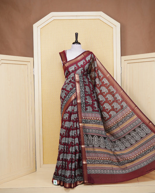 Maroon colour semi linen saree