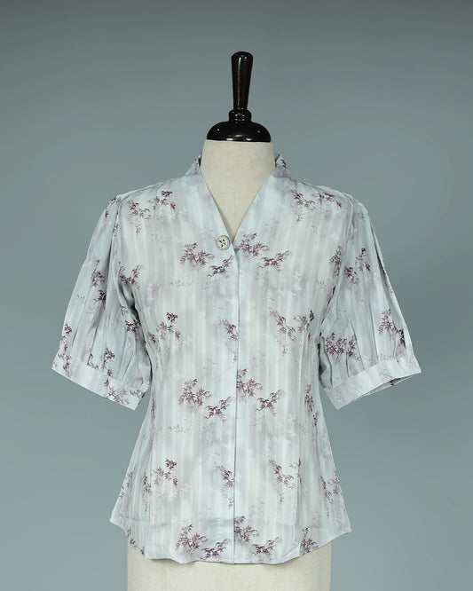 Light Red colour Top with Leaf Print work on body, collar design, With sleeve.