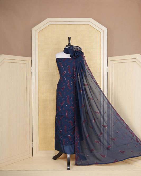 Dark Blue Colour Organza Salwar Material Featuring Thread and Mirorr Work on body, Paired With Matching Bottom & Elegant Dupatta