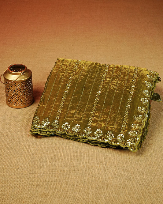 Olive colour Velvet chiffon designer saree featuring Sequins & cut beats strips on body and scallop border, comes with matching blouse piece.